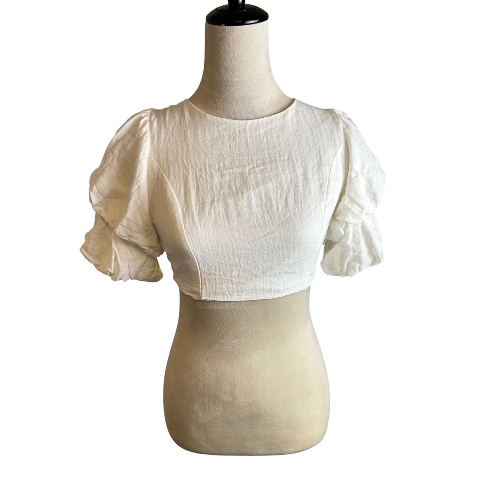 DO+BE White Puff Sleeve Open Back Crop‎ Top Small